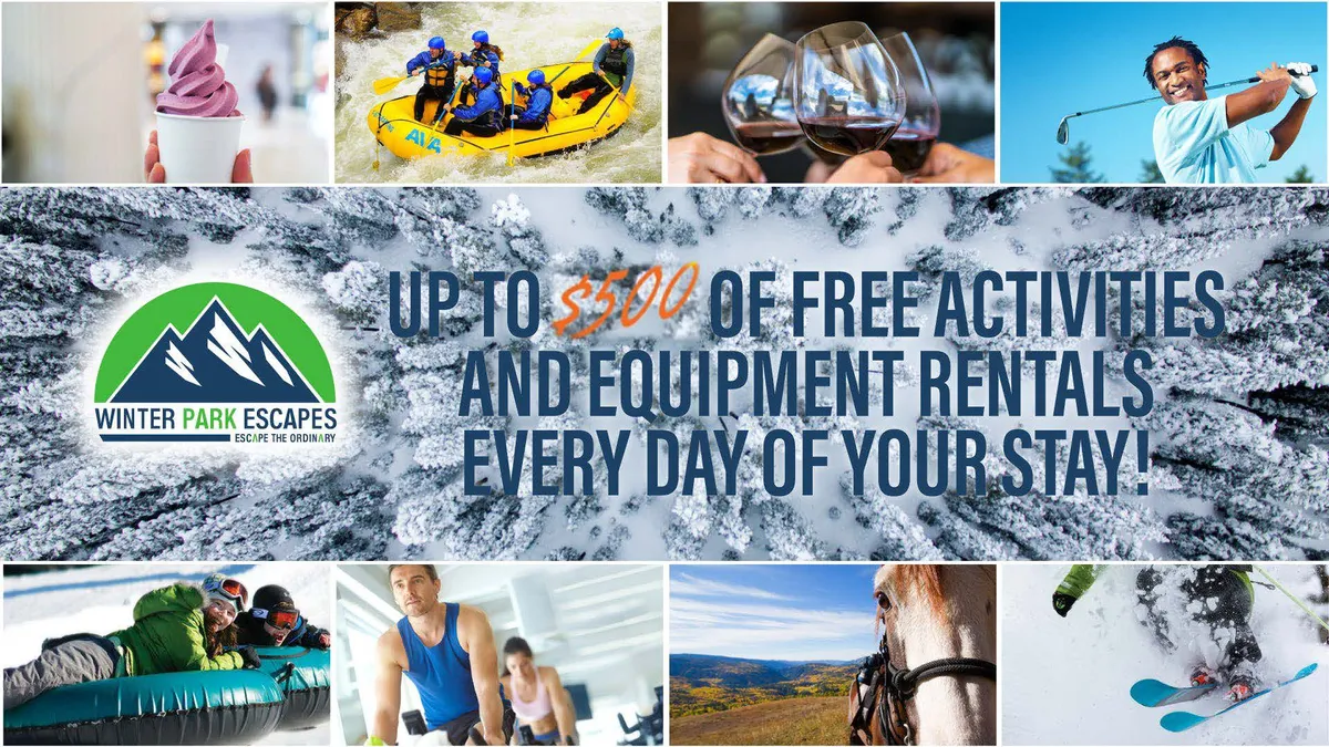 A vibrant exterior scene featuring people engaging in a variety of outdoor adventures such as rafting, skiing, golfing, horseback riding, and enjoying local cuisine. Natural scenery and branding elements suggest a dynamic, activity-filled environment ideal for groups and families.