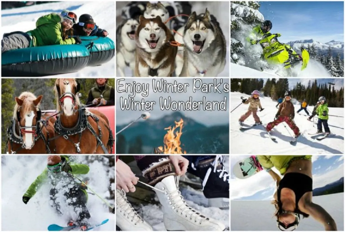 An action-filled winter scene with people enjoying tubing, dog sledding, snowmobiling, horse-drawn sleigh rides, skiing, snowboarding, ice skating, and gathering by a campfire. Huskies and winter gear add to the authentic mountain adventure vibe.