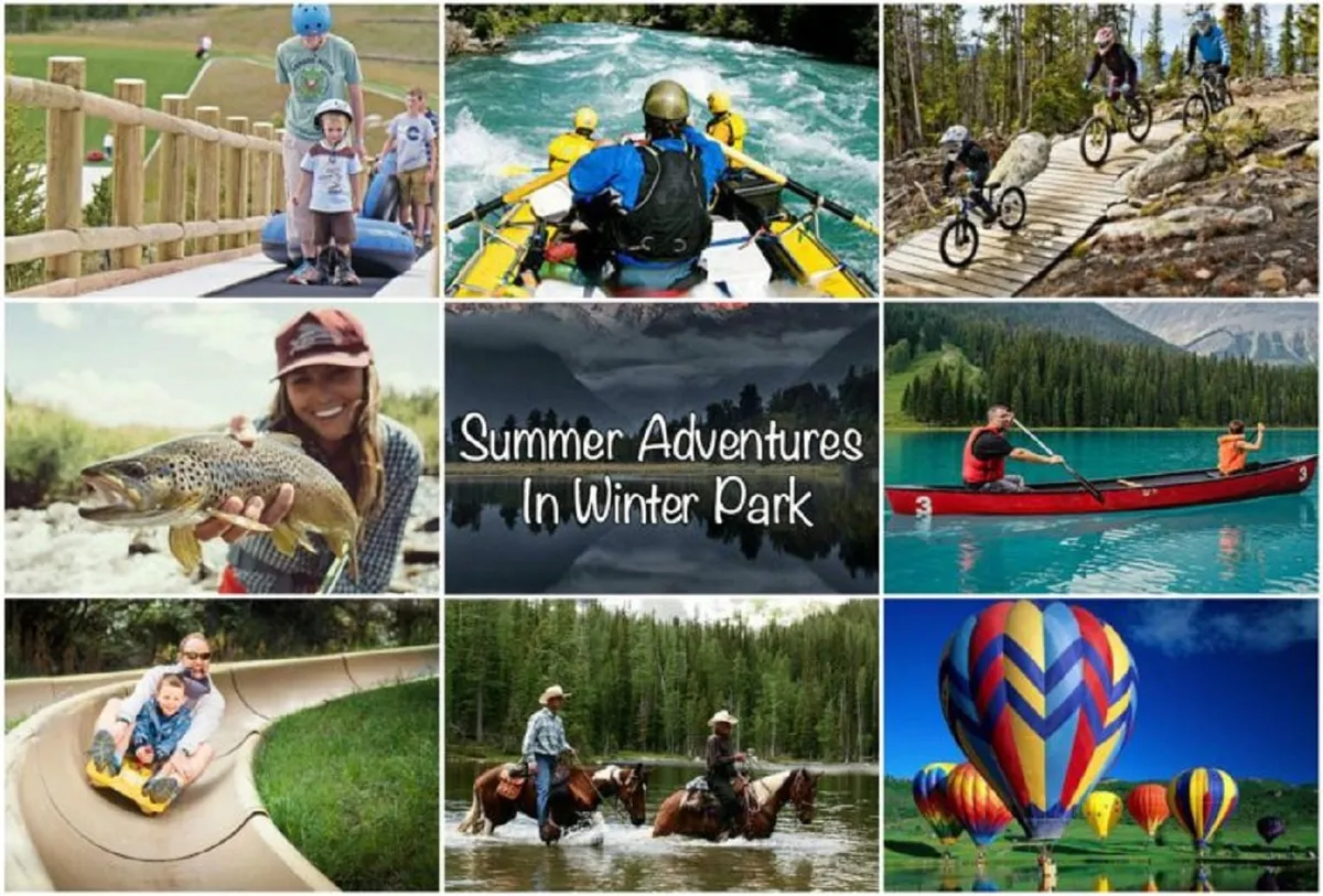 A composite image showcasing children tubing, people rafting, mountain biking, fishing, kayaking, horseback riding, and hot air ballooning. The scene is lively, family-friendly, and brimming with excitement and variety, reflecting both water and land activities across seasons.